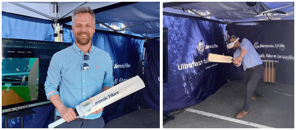 Somerset legend James Hildreth played virtual reality cricket at the Jurassic Fibre stand.