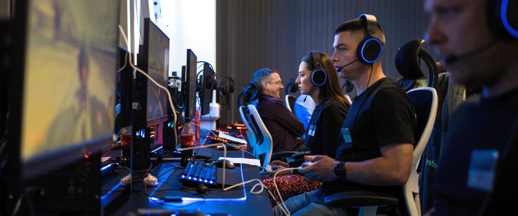 Gamers playing Rocket Leagues on PC at the 2023 Exeter esports festival | part sponsored by Jurassic Fibre