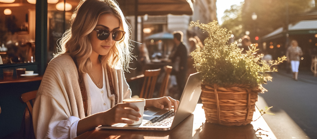 Women sits at a cafe table on her laptop